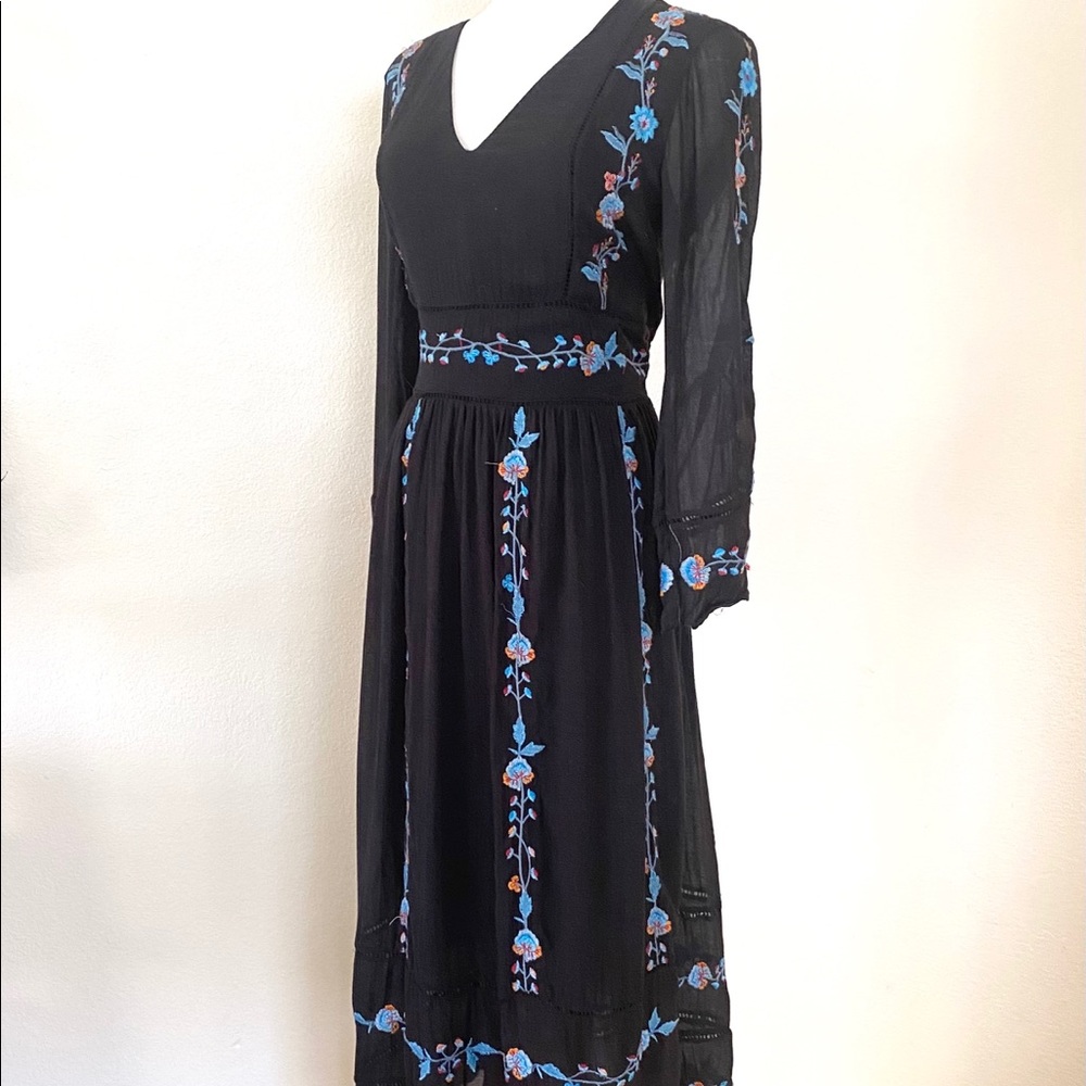 Zara Trafaluc Black Embroidered Boho Midi Dress